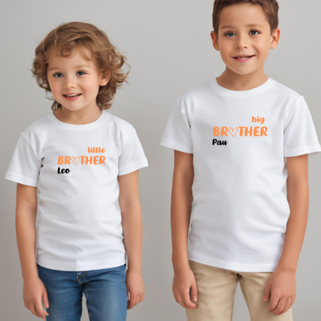 Camisetas HERMANOS (big brother - little brother) + nombre en NARANJA
