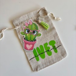 Llavero  cactus + bolsa personalizada con nombre VERDE
